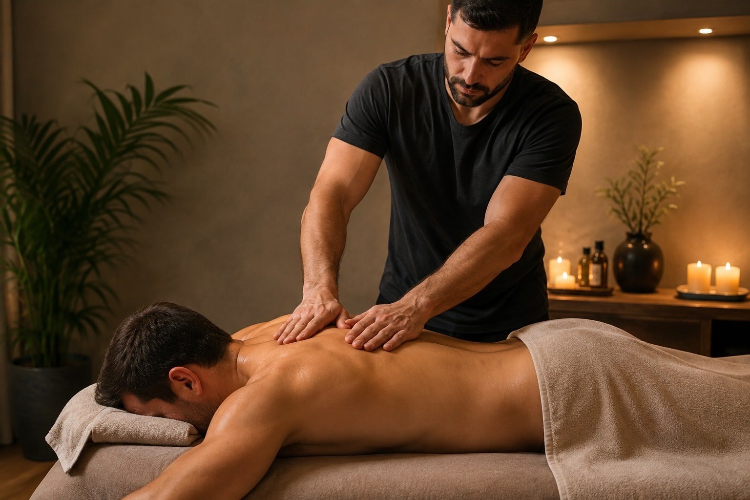 Masseur massant le dos d'un homme allongé