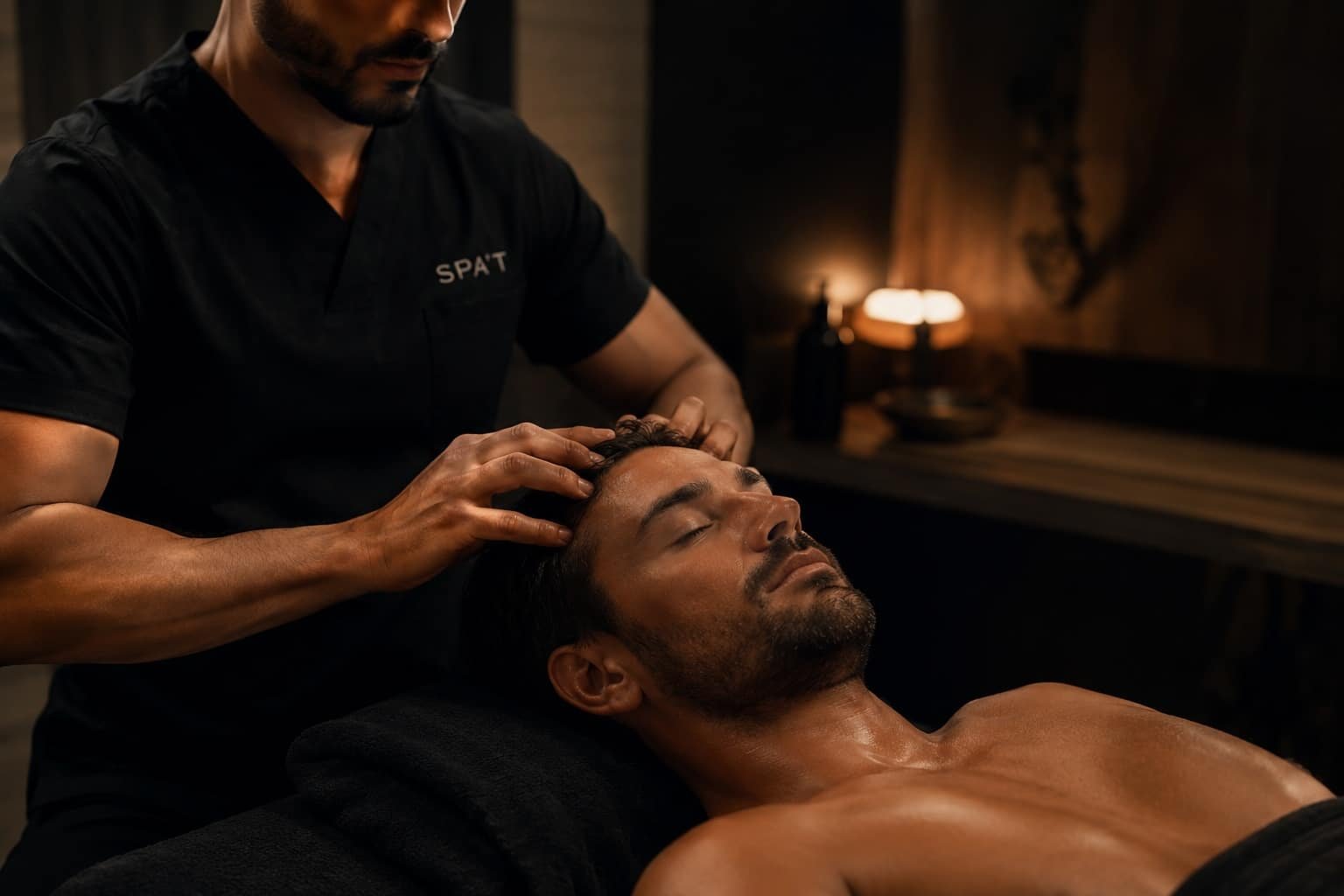 Masseur massant le crâne d'un homme